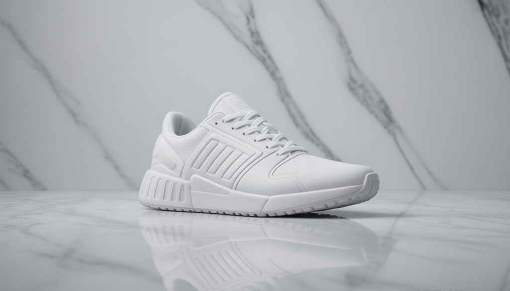 Sneaker blanc affichant un design en marbre blanc veiné, vue 3/4.