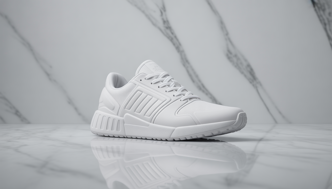 Sneaker blanc affichant un design en marbre blanc veiné, vue 3/4.